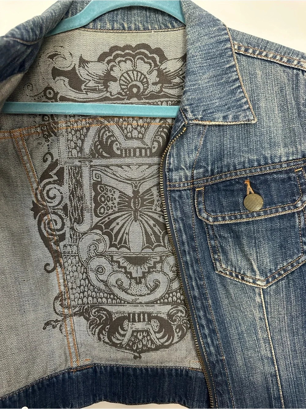 CAbi Reversible Denim Jean Jacket with printed Back Panel